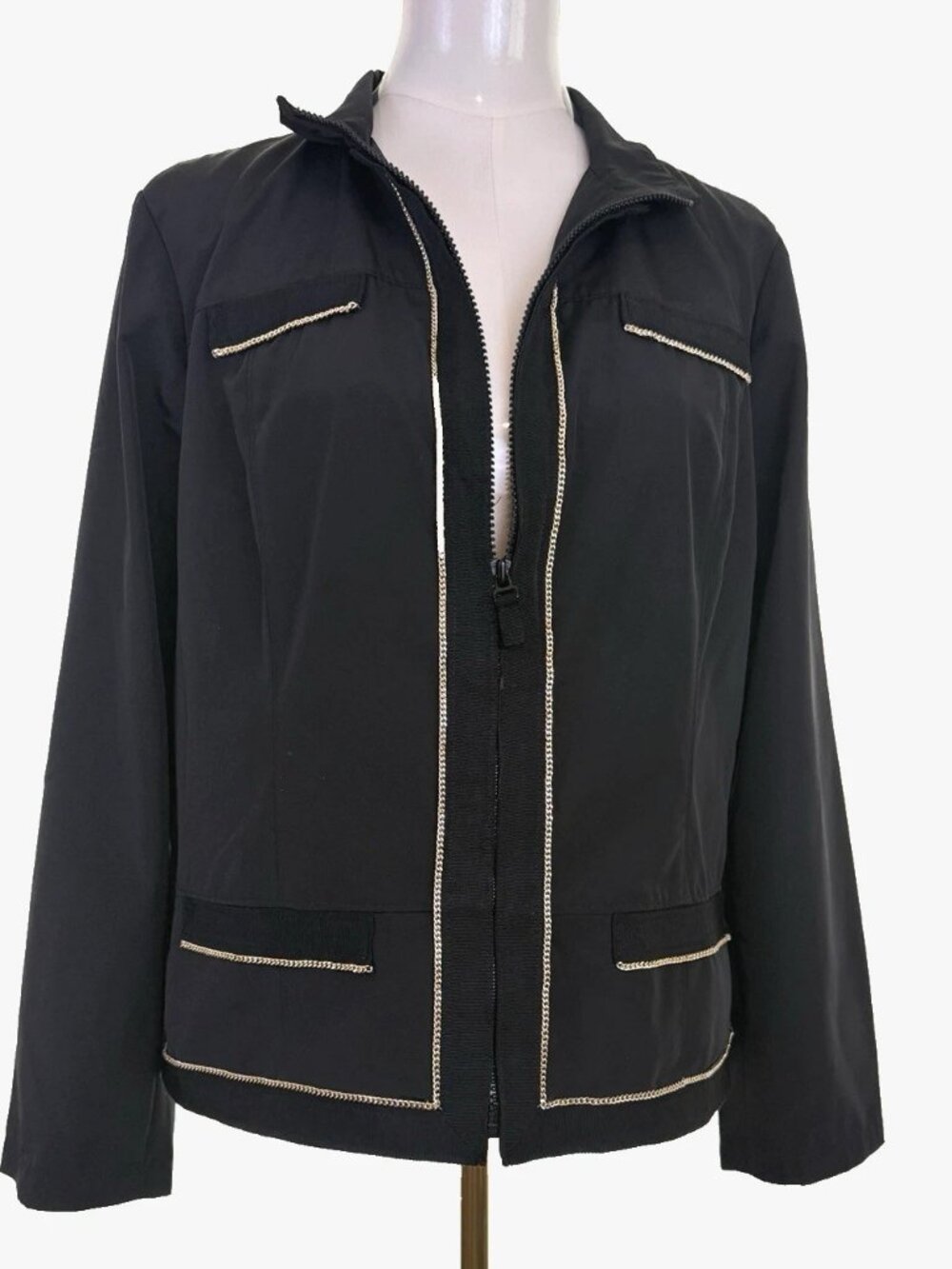 Zenergy Chico's Jacket Size 2 L 12 Black Chloe Chain Trim Full Zip Long Sleeves